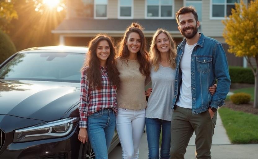 Happy family with car insurance savings